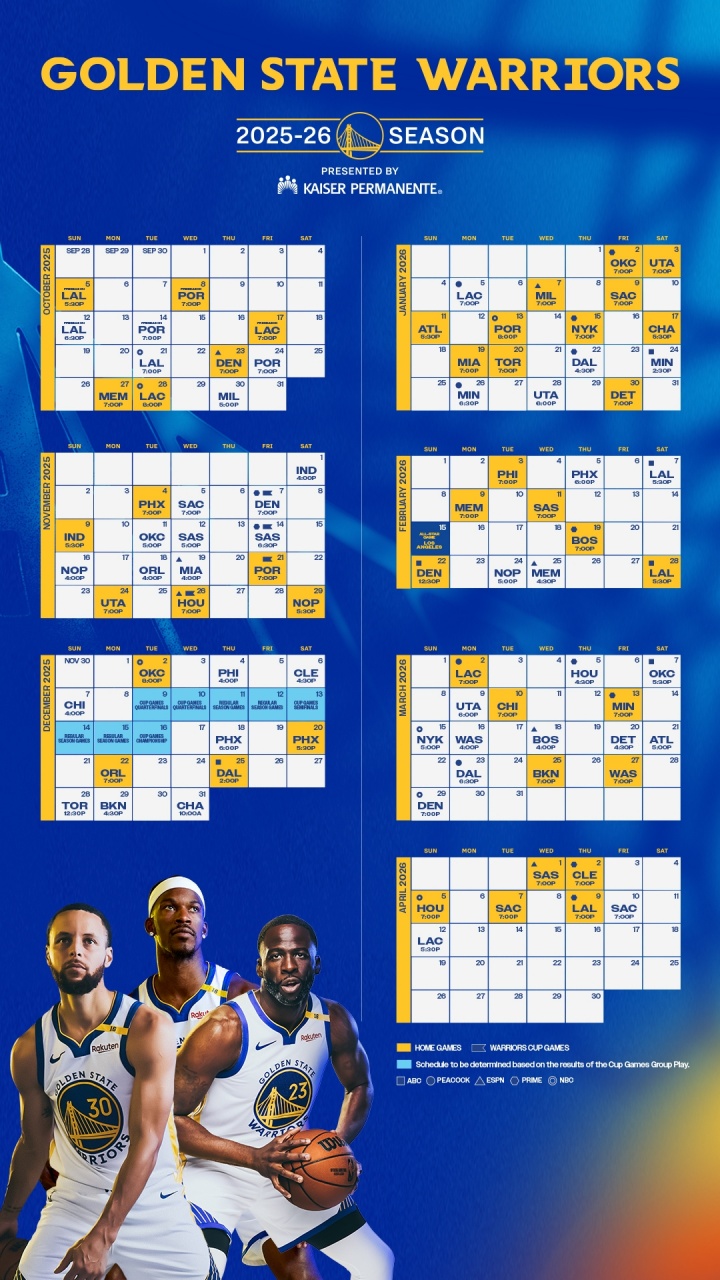 勇士新赛季赛程出炉：首战对决湖人 圣诞夜迎战独行侠 34场全国直播