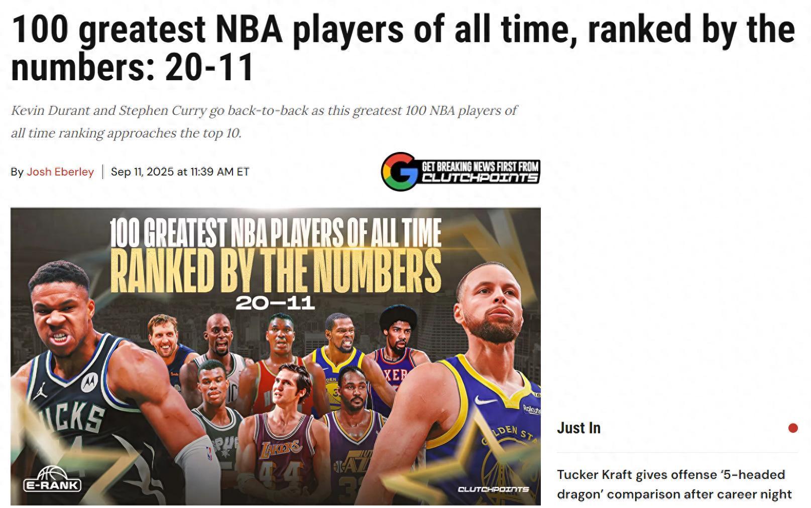 库里第13名！美媒公布NBA历史11-20巨星名单：现役3人入选KD第12